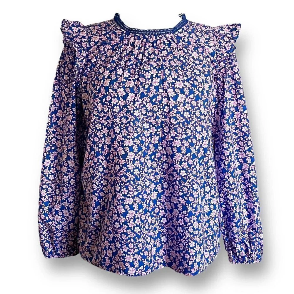 J Crew Womens Ruffle Shoulder Top S Blue Pink Floral Cotton Cottagecore Blouse